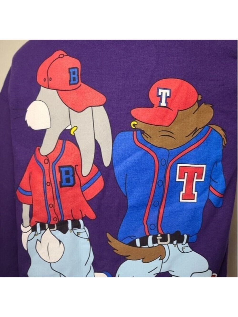Looney Tunes Bugs Bunny Tasmanian Devil Baseball Purple Crewneck Vintage Sweater - Picture 6 of 8